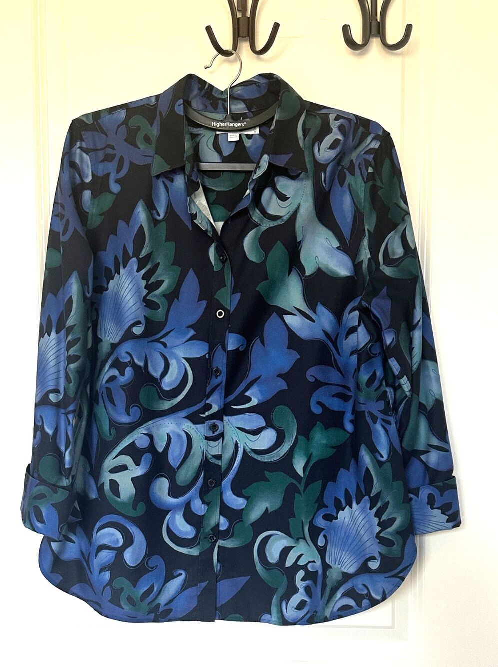Chico's No-Iron Stretch Black w Blue Green Floral Chico’s 2 (Large / US 12) NWOT